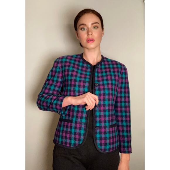 Pendleton Vintage 80s 90s 100% Wool Check Plaid Blazer Evening Jacket ~ Sz 8 - Picture 1 of 8